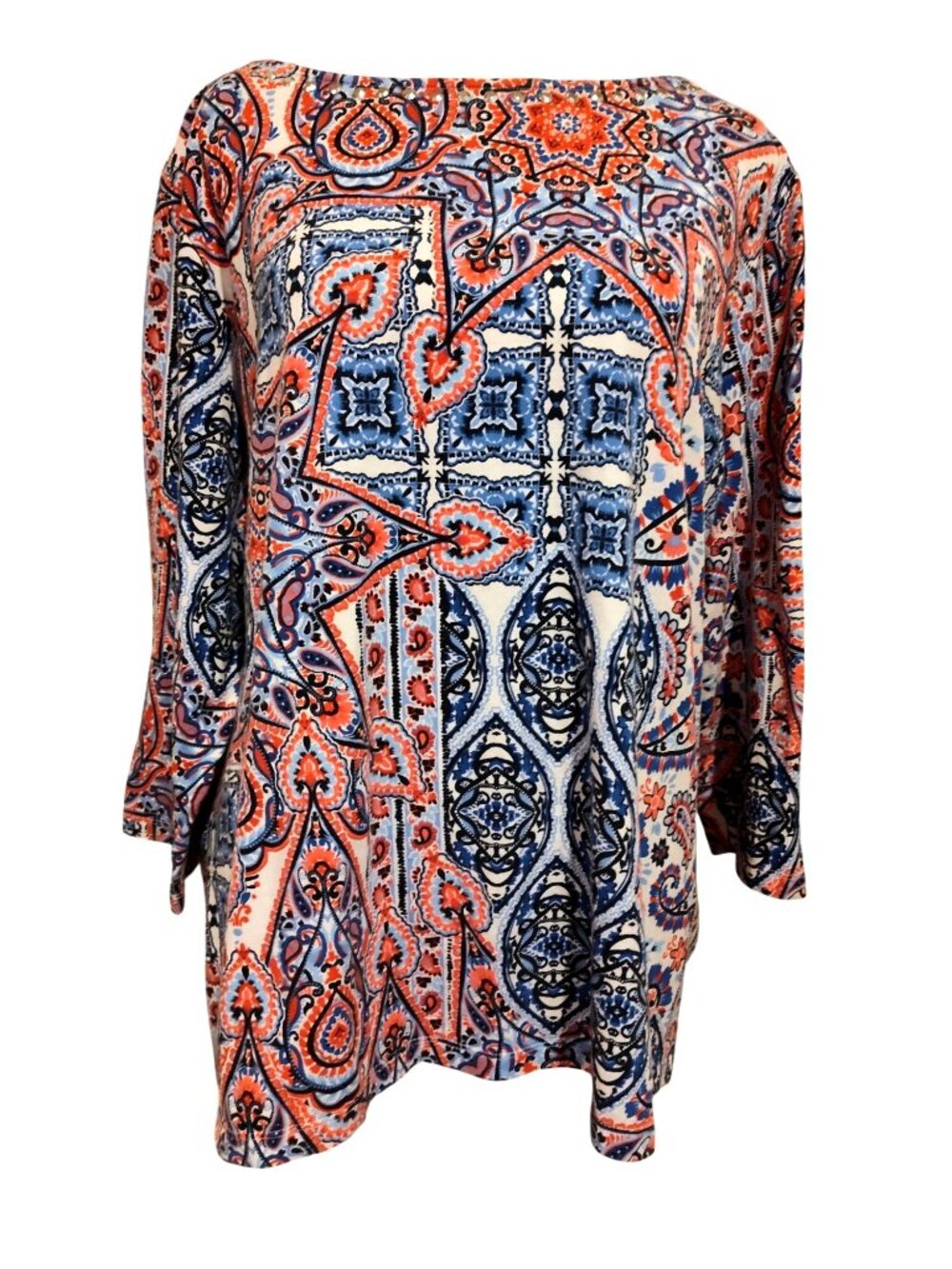 Ruby Rd. Womens 1X Multicolor Paisley Tunic Top With Rhinestone Neckline Long Sl